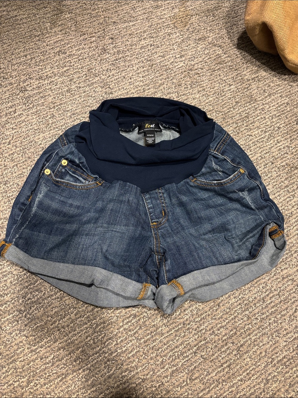 Luxe Essentials Apparel Dark Blue Denim Maternity Shorts with Navy Waistband